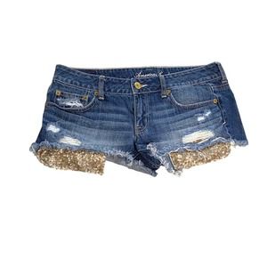 American Eagle AE Shortie Distressed Denim Jean Shorts Sequin Pocket Detail 8